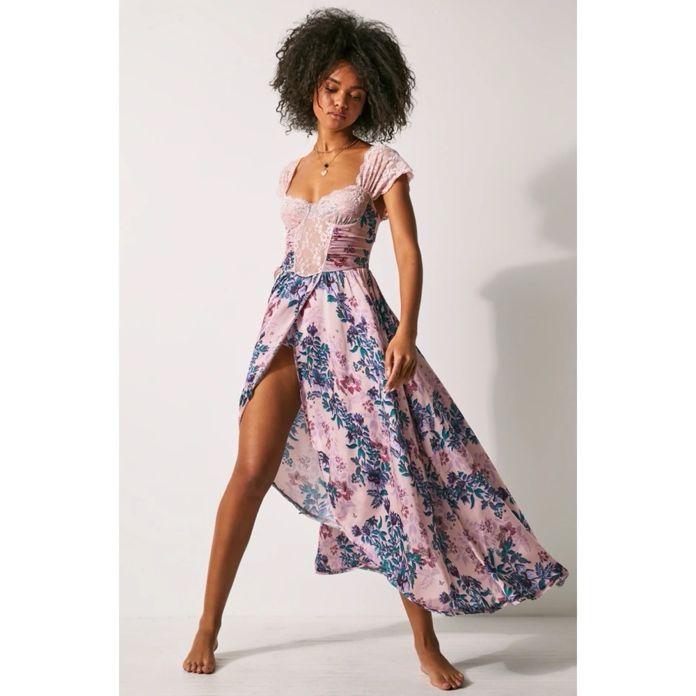 Free People Bodysuit Maxi Dress Silky Floral Lace Coquette Cottage Fairy